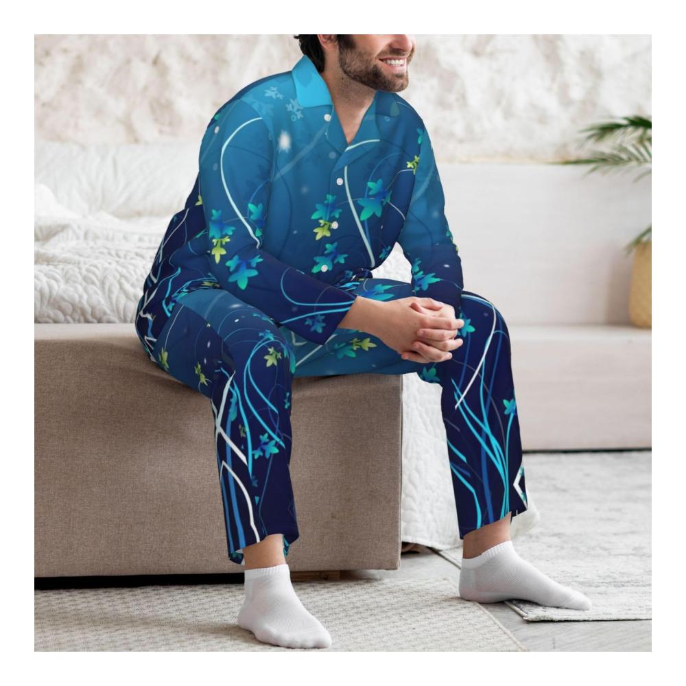 Gemütlicher und modischer Herren-Schlafanzug mit blauem Mini-Blumen-Swirl-Druck langärmelig für optimalen Komfort. Perfekte Nachtwäsche für erholsamen Schlaf