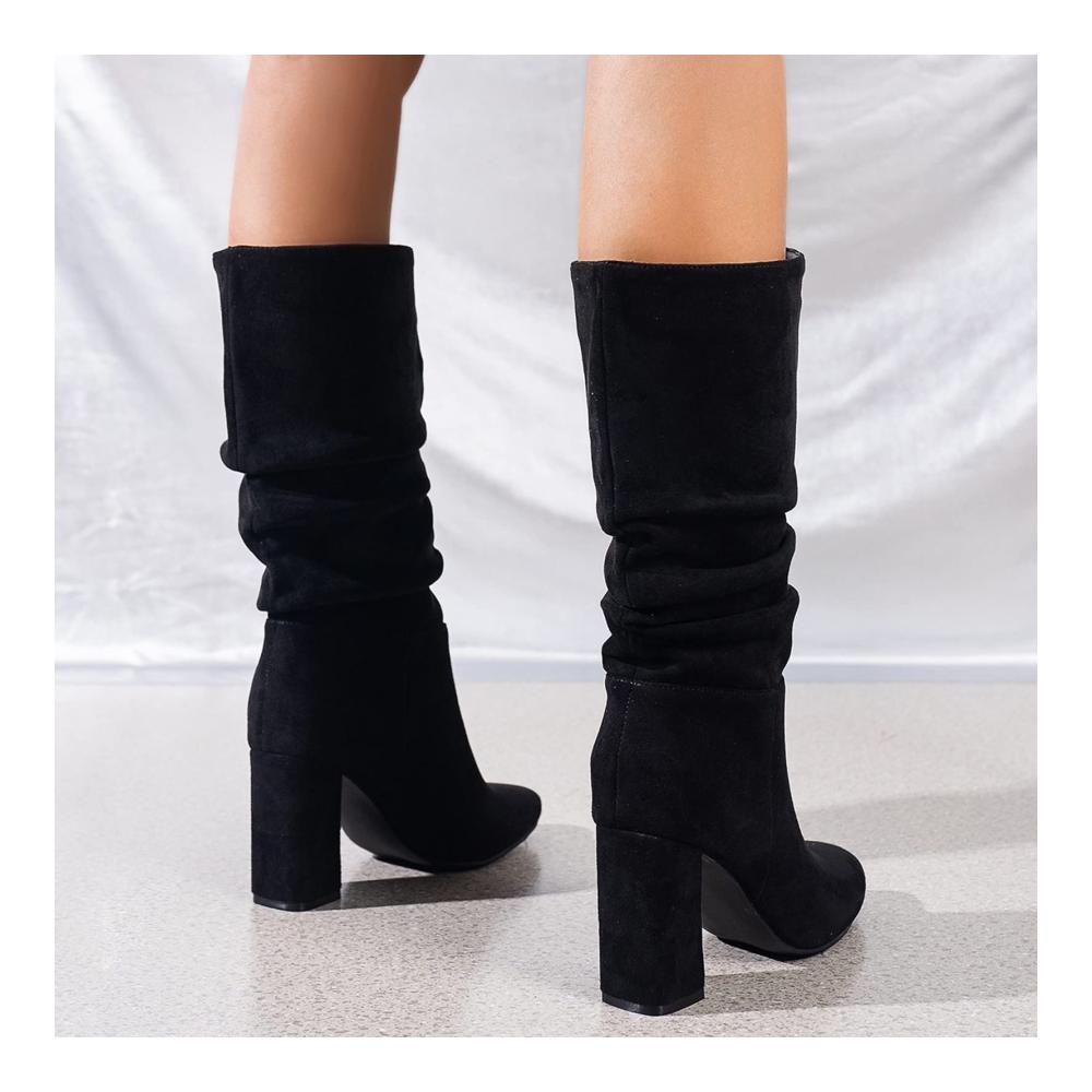 Damen Mode Einfarbige Flock Stiefel Stapelabsatz Schnürstiefel High Heel Mid-Calf Ankle Boots Damen Plüsch Knopf Winter Stiefel