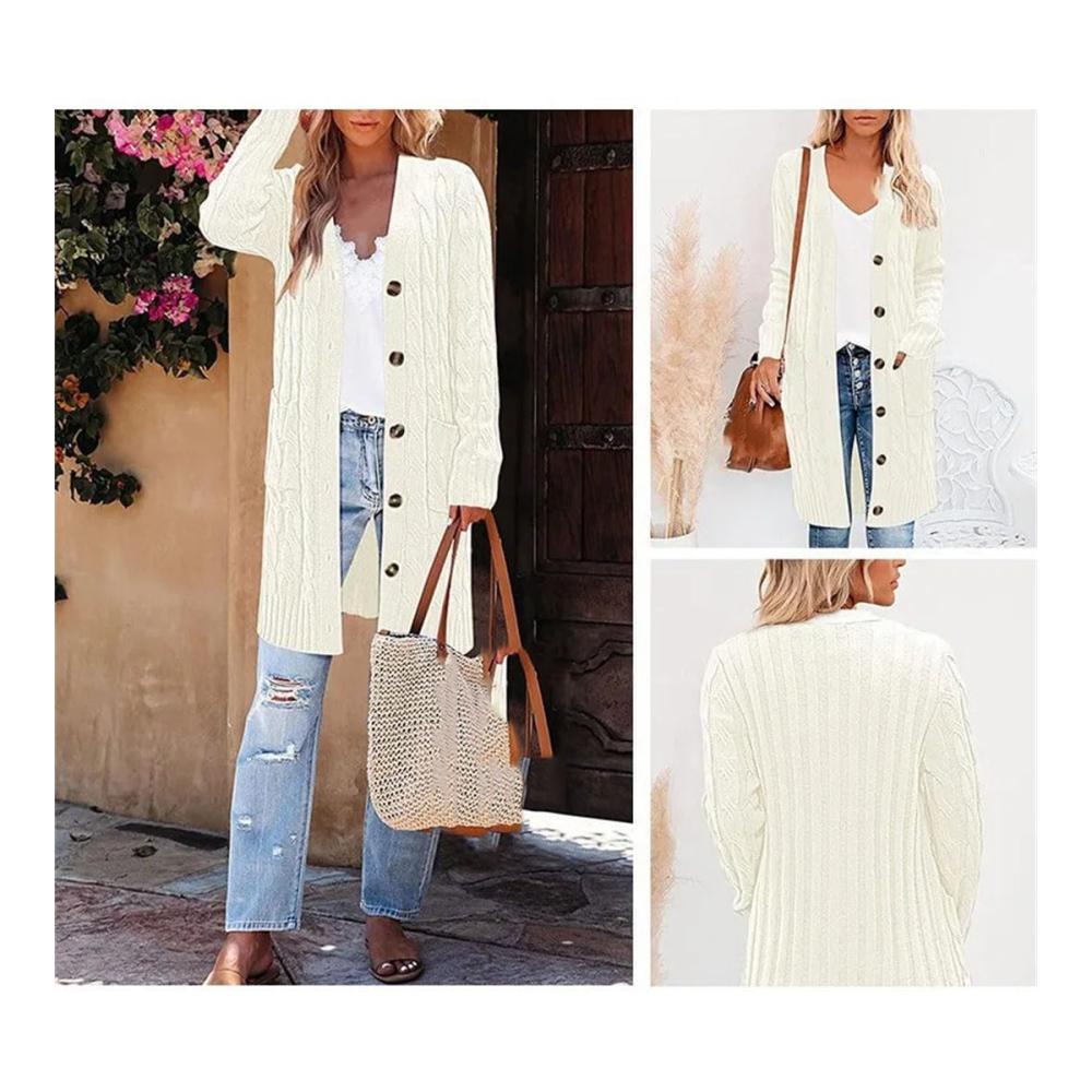Damen Pullover Twist Pocket Knit Winterstrickjacke Strickjacke Sweater Jacke Lange Einreiher