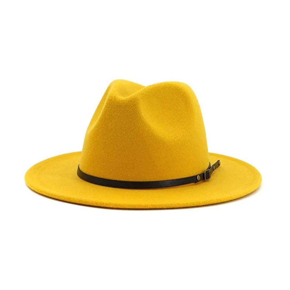 Stilvoller Damen Fedora Hut Vintage Design mit breiter Krempe und eleganter Gürtelschnalle - Perfekter Panama Hut für Damen in Gelb