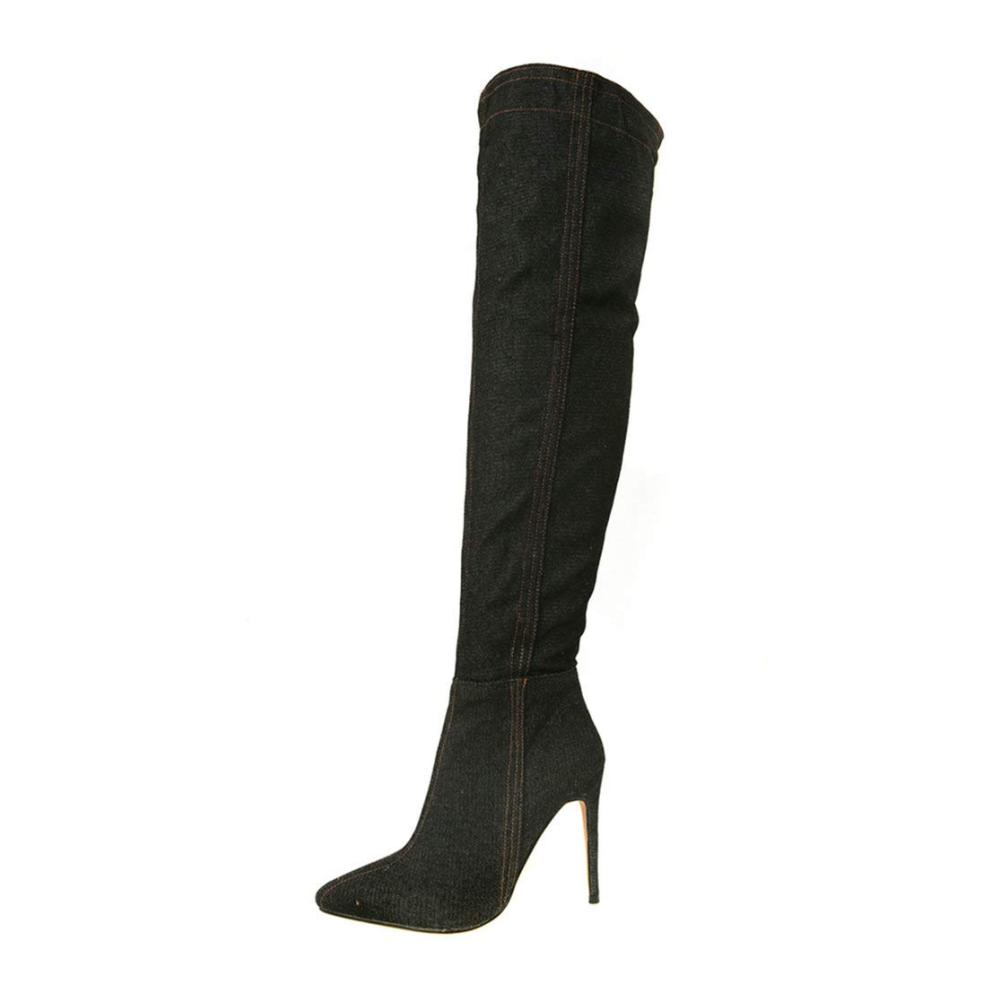Damen Denim Stiefel Overknee Absatz Stiletto High Heels Herbst Winter Stiefel Spitz Reißverschluss Stiefeletten