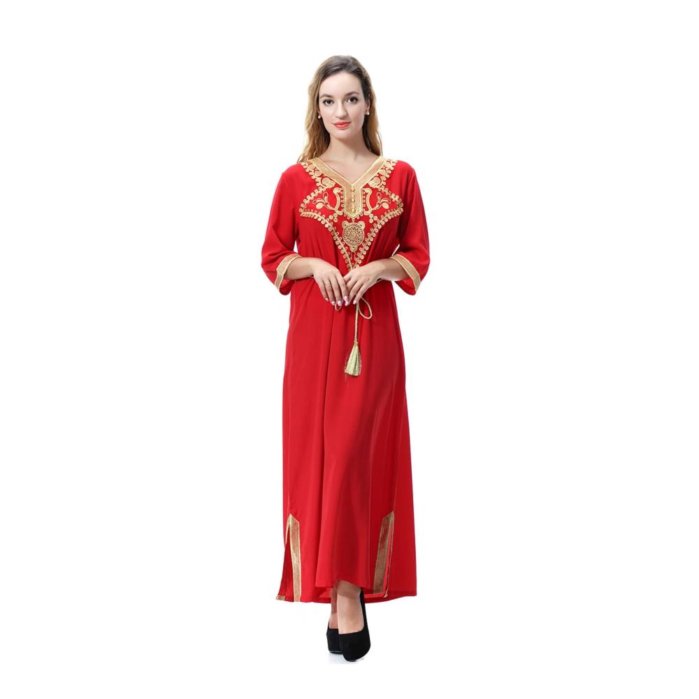 Bademantel Damen Midi mit Ornamentstickerei & Gürtel rot mittellang