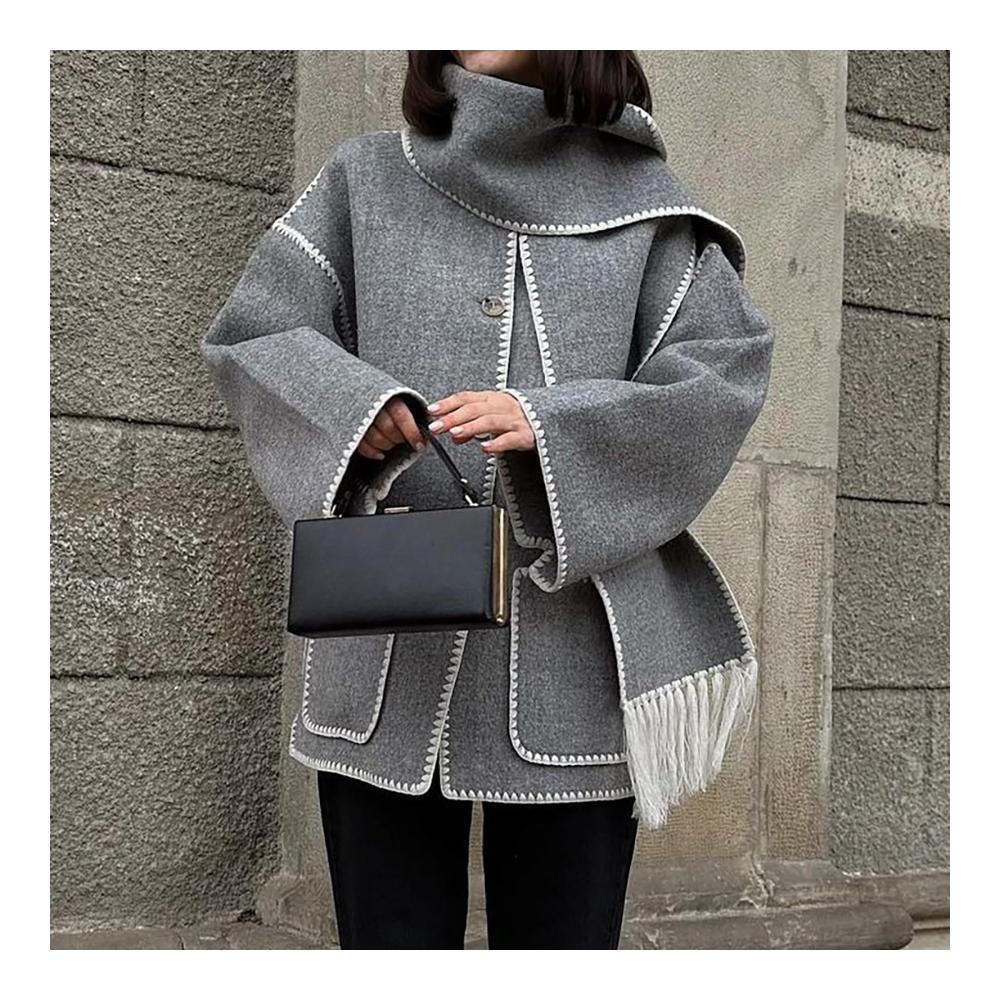 Edler Strick-Wintermantel mit abnehmbarem Schal für Damen | Langer Einreiher-Mantel mit Quasten-Schalkragen | Warme Herbstjacke mit Statement- Schal