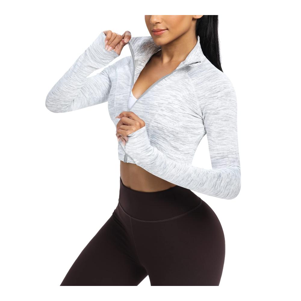Entdecke den ultimativen Komfort Damen Sportjacke mit durchgehendem Reißverschluss und Daumenlöchern - Ideal für Yoga und Laufen. Leichte stylische Jacke für alle Aktivitäten