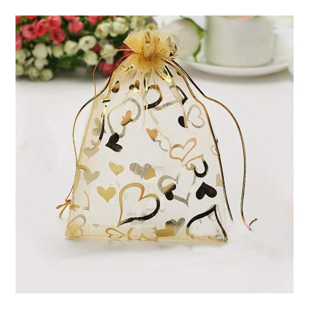 Luxuriöse Organza Schmuckbeutel 100 Stück 9x12 cm ideal für Hochzeit & Geschenke (Gold). Elegantes Design mit Sheer-Kordelzug für perfekte Präsentation