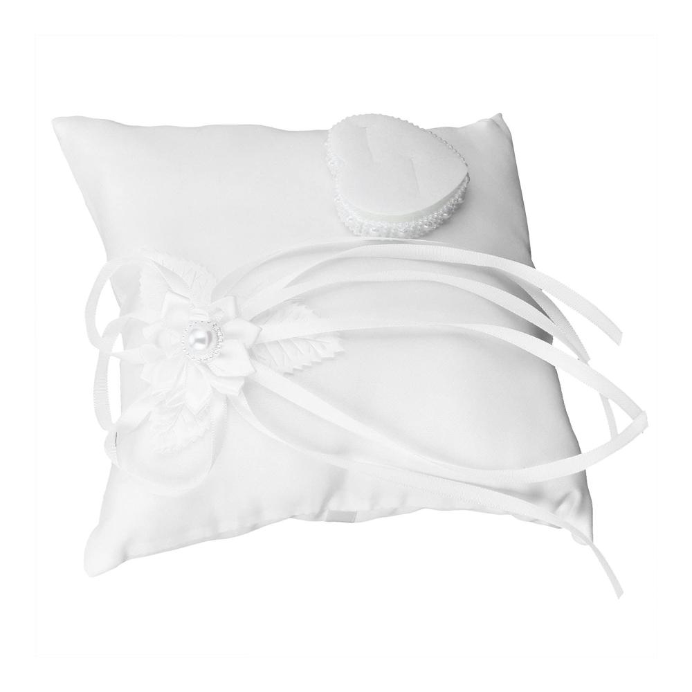 Verliebtes Herz Weißes Ringkissen mit Schleife Perlen & Ehering. Perfektes Accessoire für Hochzeiten Partys & Heimdekoration. Ein Muss für jede Zeremonie