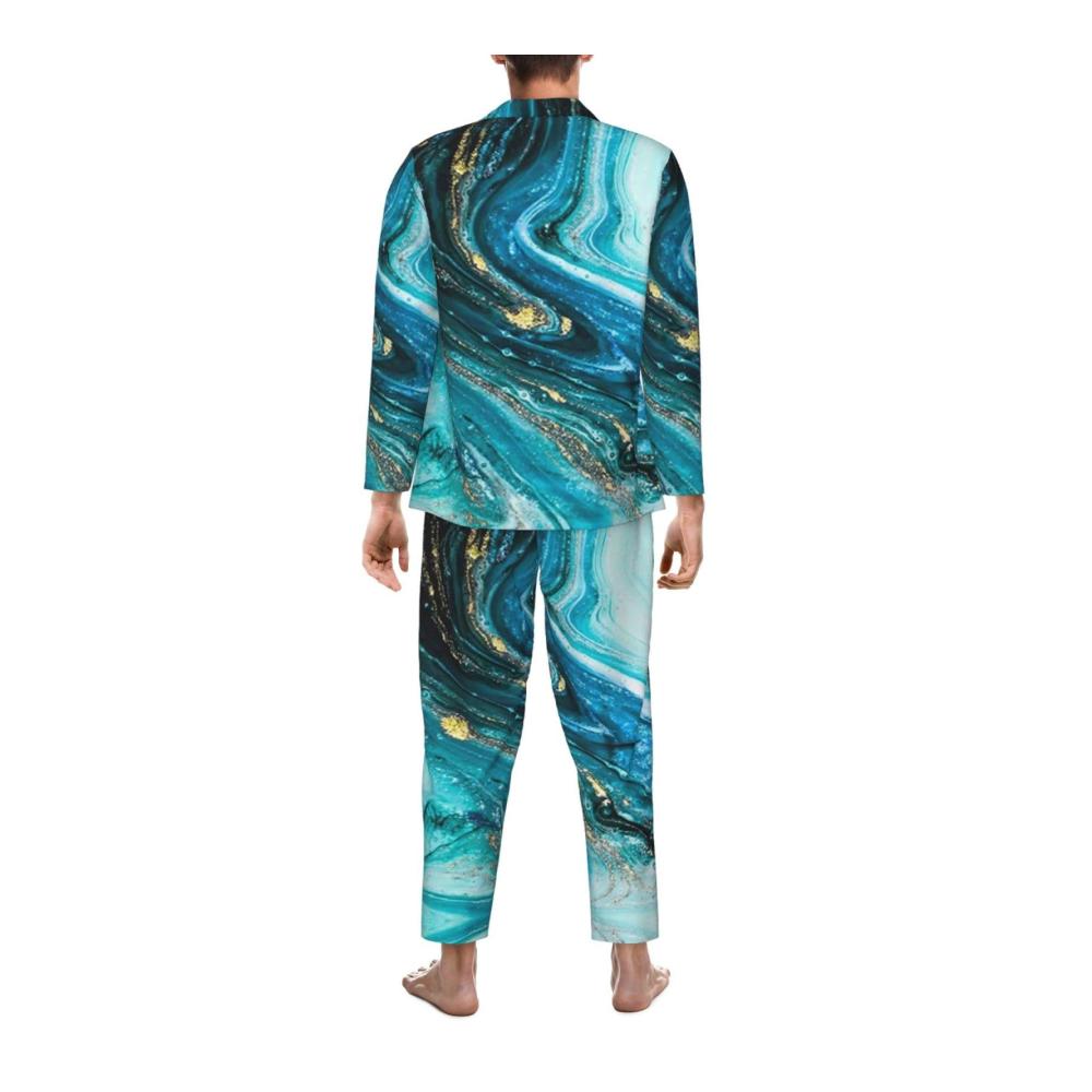 Bequemer Herren-Pyjama Langärmeliges Türkis-Blau-Gold-Marmor-Set - Stilvoller Schlafanzug für erholsame Nächte