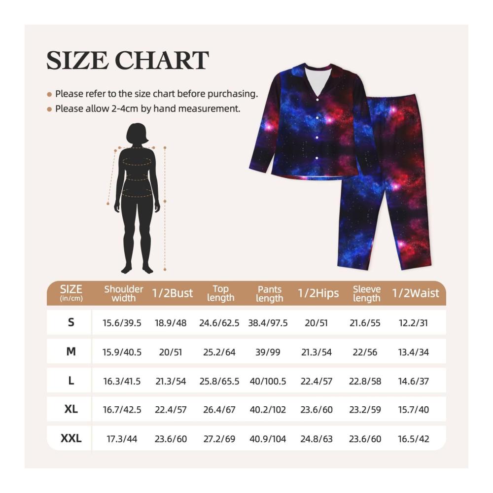 111 Damen Pyjama lang rot blau mit dunkelblauem Galaxie Print Nachthemd Oberteil und Hose gemütliche Nachtwäsche
