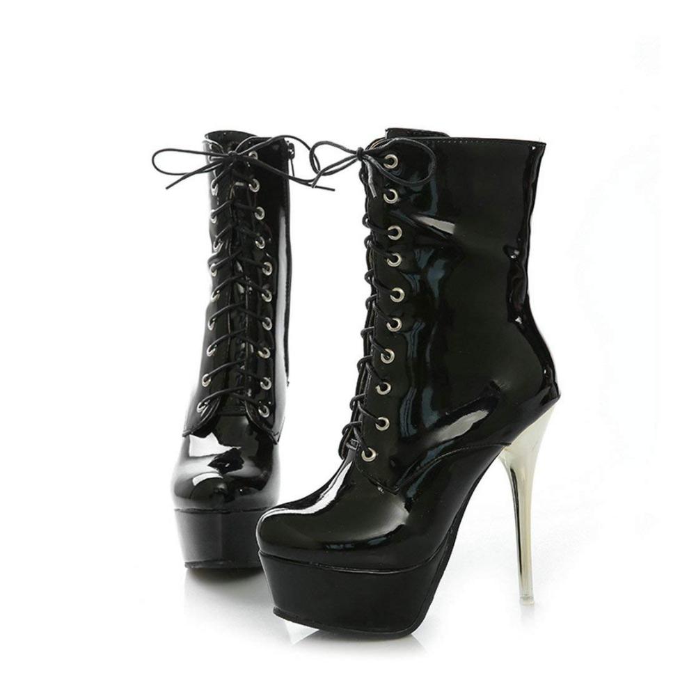 Damen Plateau High Heels Stiefeletten Lack Stiletto Ankle Boots Schnürverschluss & Reißverschluss 14cm Absatz Knielange Stiefel Kurzschaft Pumps Schuhe für Party Club