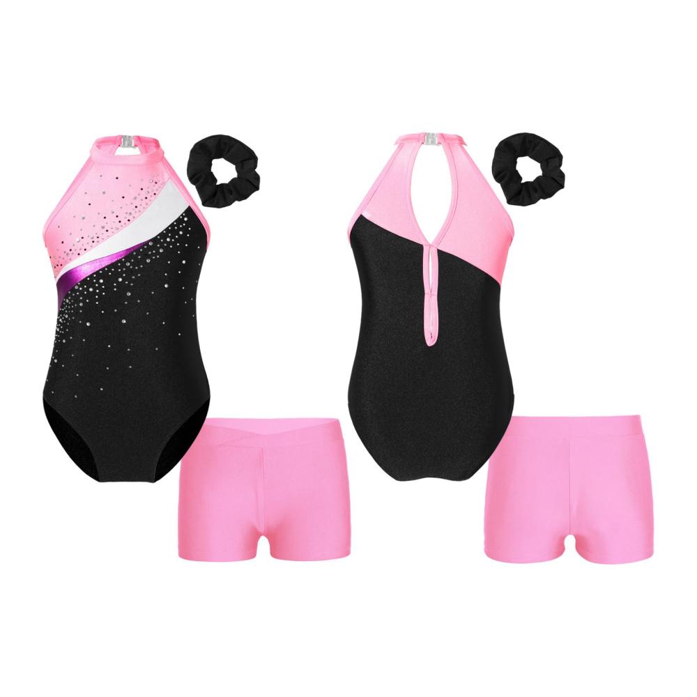 Stilvoller Glitzer-Leotard für Mädchen Tanzbody-Set mit kurzer Hose und Haarband für Wettbewerbe