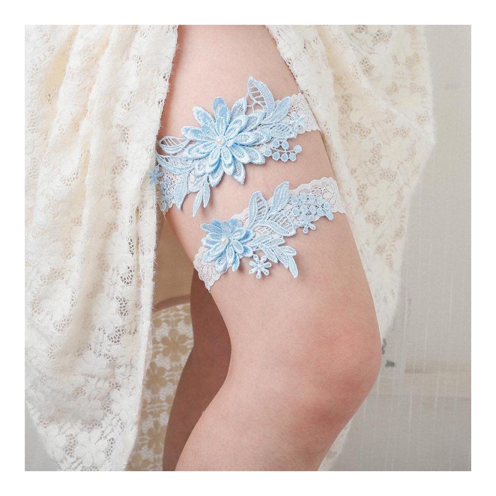 Handgefertigtes Spitzen-Strumpfband-Set für Braut und Brautjungfern | Romantische Blumenmuster | Eleganter Brautschmuck | Perfekte Ergänzung zum Hochzeitsoutfit | In himmelblau (2-teilig