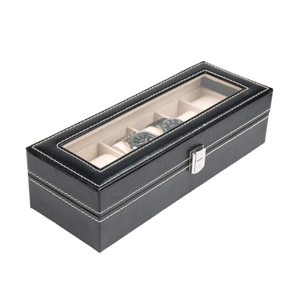 Elegante Aufbewahrungslösung FHISD Vintage Uhrenaufbewahrungsbox aus Kunstleder mit 6 Fächern abnehmbaren Polstern transparentem Glasfenster und abschließbarer Metallschnalle