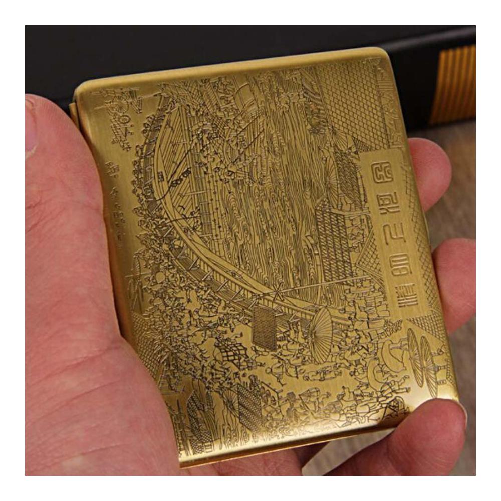 Hochwertiges Vintage-Metall-Zigarettenetui aus Bronze im chinesischen Stil mit Schnitzerei - Flussuferszene beim Qingming-Festival für 9 normale Zigarettenspitzen