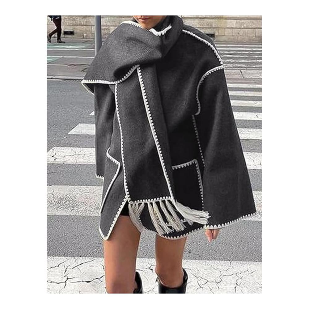 Stilvoller Winter-Chic Damenjacken mit Stickerei und Quasten-Schal - Hochwertige Wolle und übergroße Passform für zeitlose Eleganz