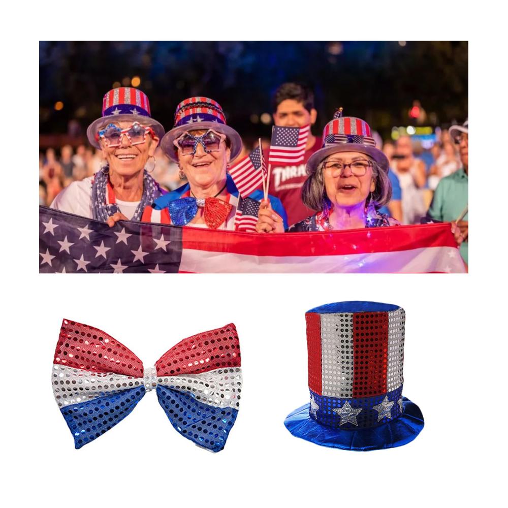 Vintage Fliegen für den Independence Day! Leichtes Design mit US Flaggen ideal für Weihnachten & Vergnügungspark. Rote & blaue Pailletten-Fliege für stilvolle Feierlichkeiten