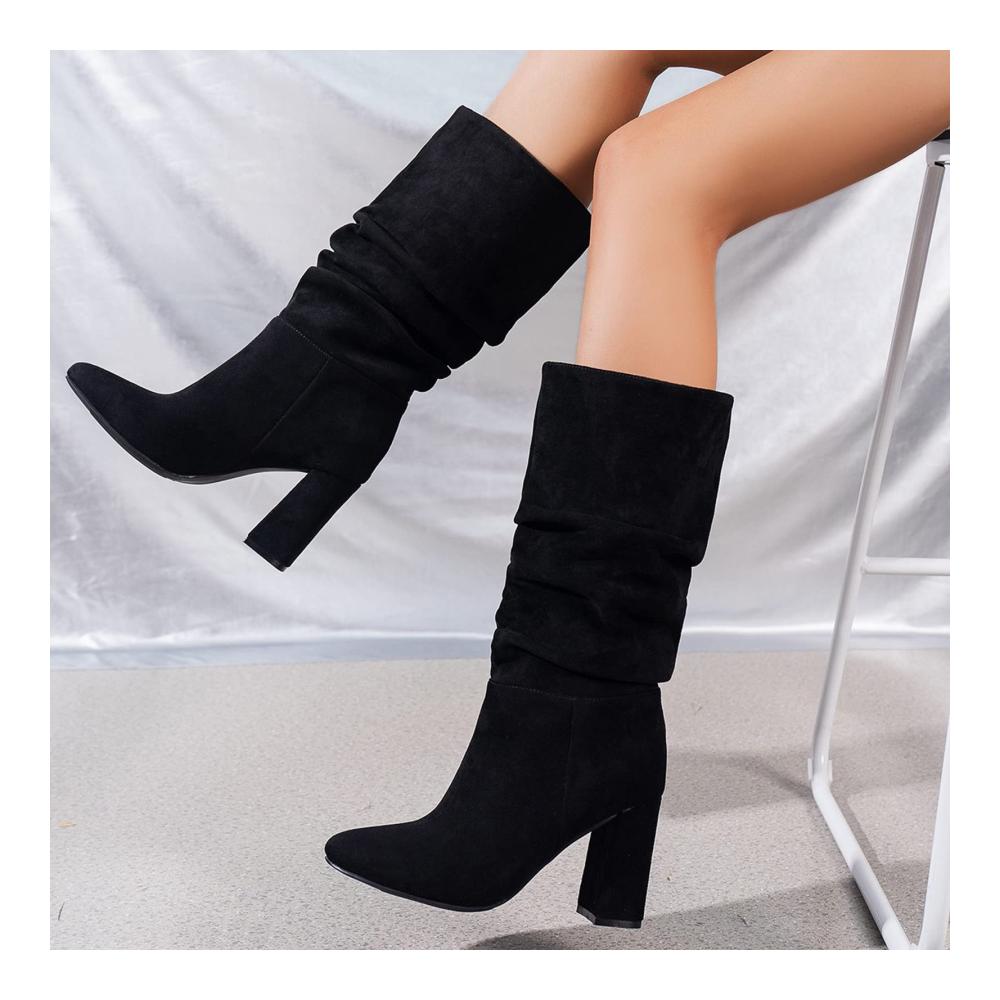 Damen Mode Einfarbige Flock Stiefel Stapelabsatz Schnürstiefel High Heel Mid-Calf Ankle Boots Damen Plüsch Knopf Winter Stiefel
