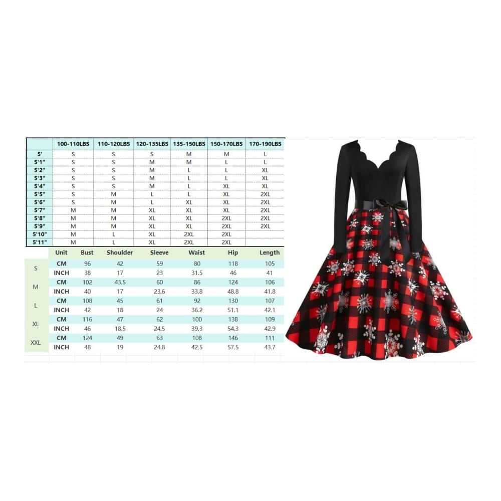 Entzückendes Weihnachtskleid Elegante Langarm Vintage A-Linie für Damen mit V-Ausschnitt und Gürtel perfekt für festliche Anlässe und Partys. Größe bis 5XL erhältlich