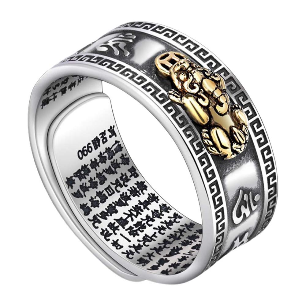 Entdecken Sie Glück und Reichtum Verstellbarer Mantra-Ring mit PIXIU Amulett - Einzigartiges Schmuckstück für Männer und Frauen - Buddhistisches Herz-Sutra-Ring aus 99 Silber