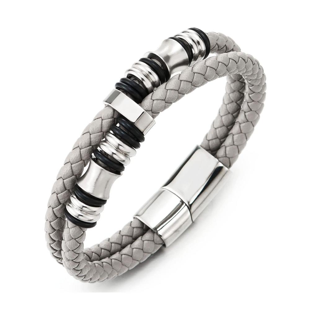 Doppel-Lap Geflochtenes Lederarmband für Herren - verstellbares Armband für den lässigen und sportlichen Look mit Schweißband und Edelstahlverschluss