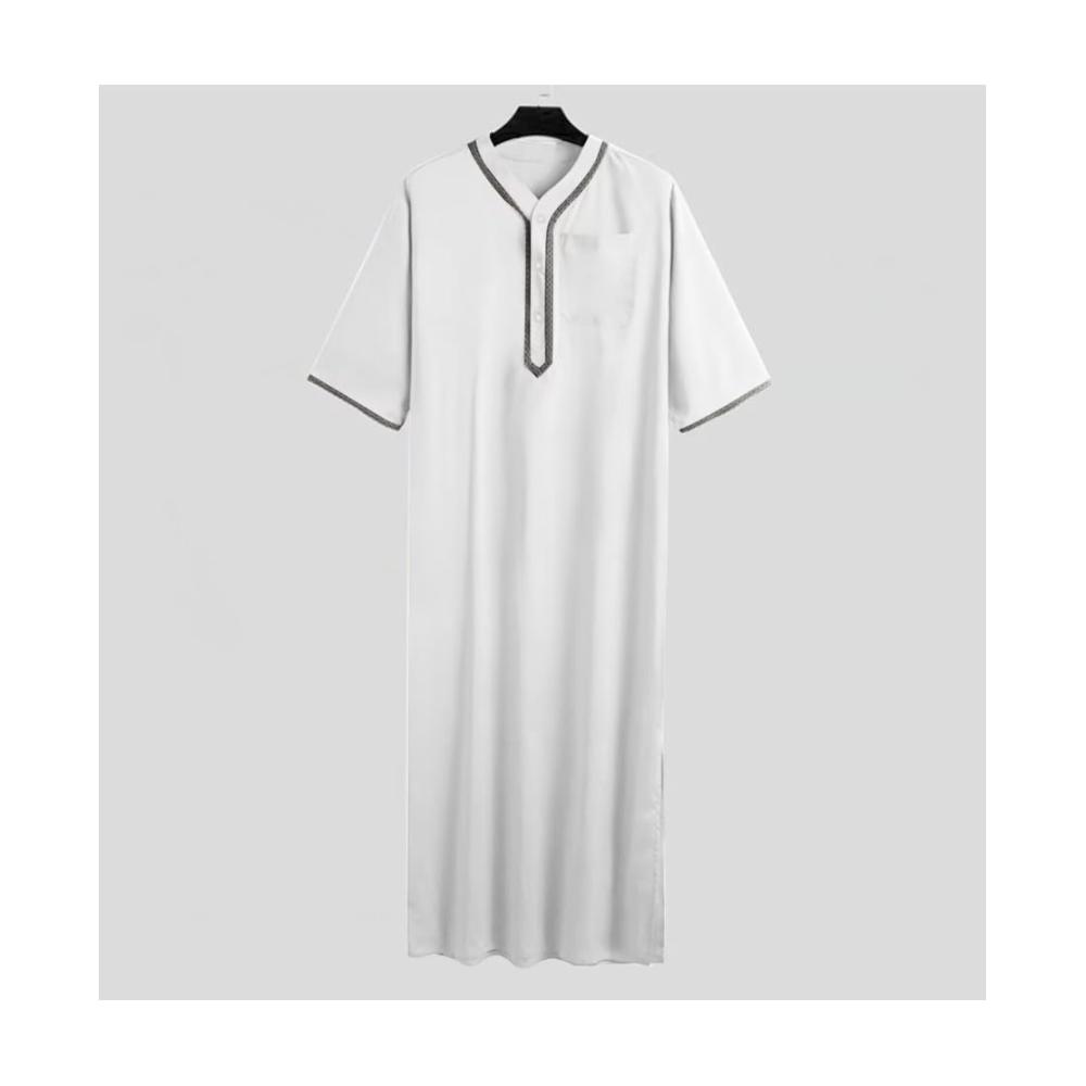 Luxuriöse Bademäntel Elegante Herren Nachthemden langärmelig mit stilvollem V-Ausschnitt und Kaftan-Design. Entspannung in muslimischem Stil. (Weiß Größe L