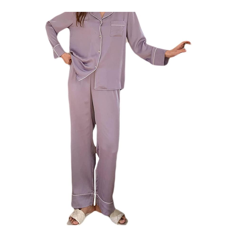 Bequem und elegant Herbst Seide Revers Pyjama-Set für Damen - Zwei-teilig Langarm Strickjacke & Knopfhose Nachtwäsche