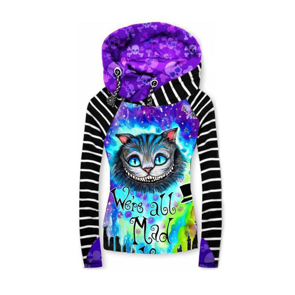 Damen Hoodie mit Kapuze und süßem Katzenmotiv - Gestreifter Rundhalspullover mit langen Ärmeln - Geschenk für Frauen und Mädchen