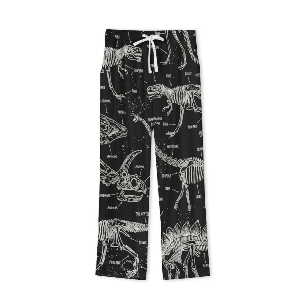 Bequemer Herren V-Ausschnitt Pyjama mit Taschen – Schwarzer Dinosaurier-Schlafanzug für Männer. Genießen Sie erholsame Nächte in stilvollem Komfort