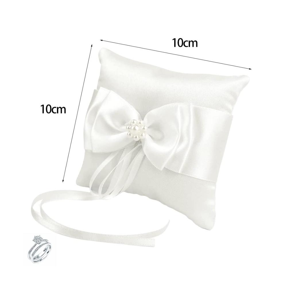 Elegantes Ringkissen für Traumhochzeit - Exquisites Ring-Bearer-Kissen für Verlobungs- oder Trauringe weiß mit künstlichen Perlen und Schleife 10 x 10 cm