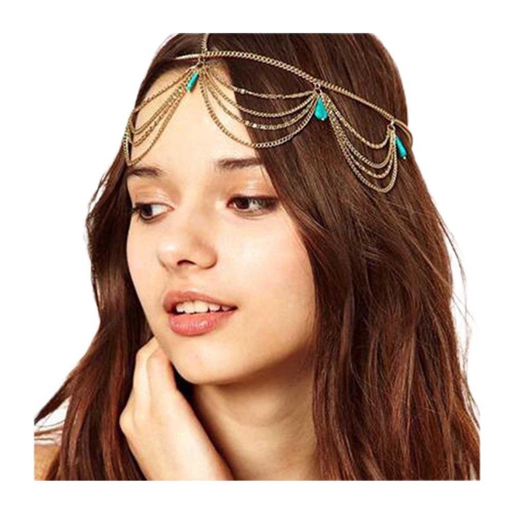Entzückende Boho Türkis Haarbänder mit goldenen Quasten und Gypsy Kopfkette für Festival Hochzeit & mehr! Ideales Geschenk für Frauen & Teen Mädchen