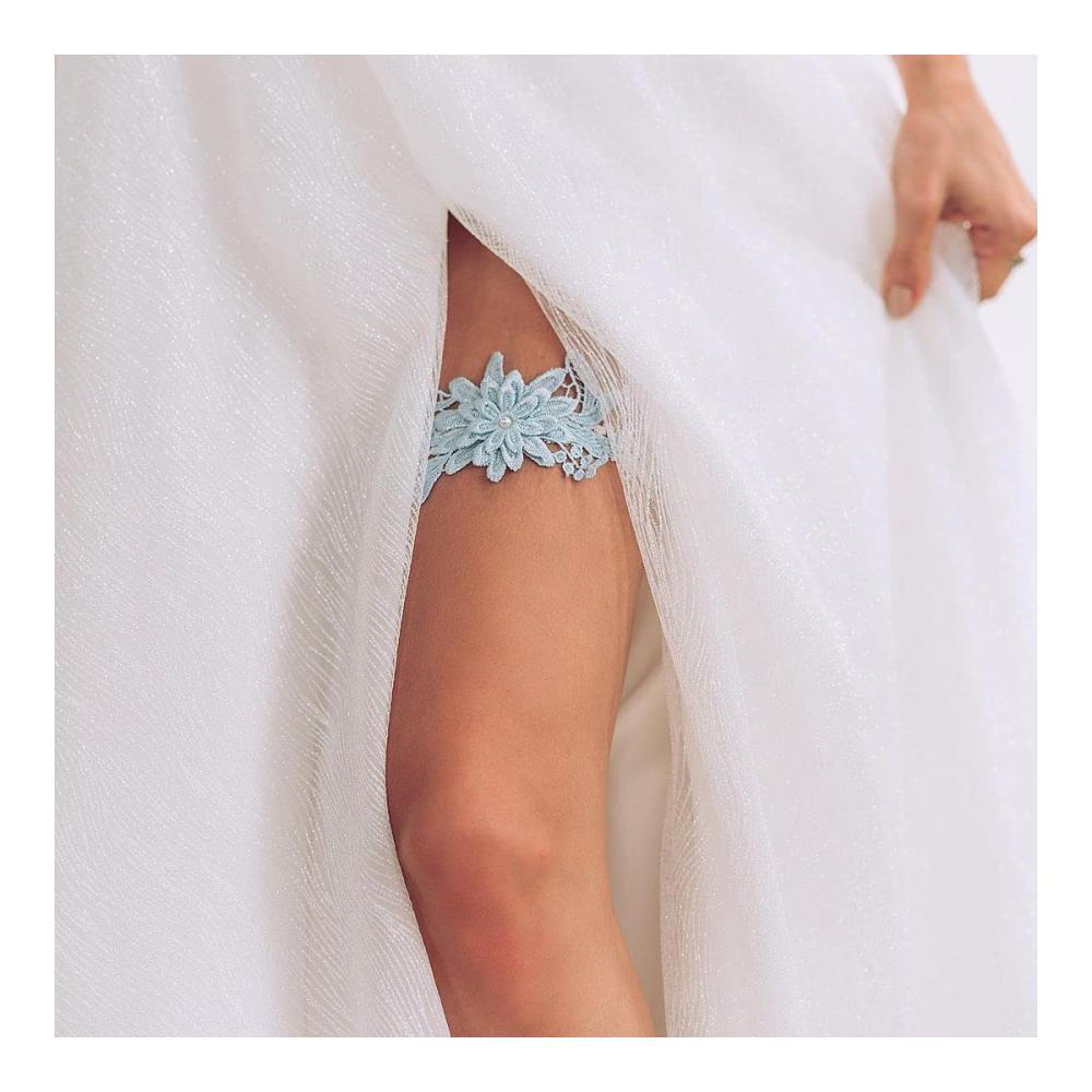 Handgefertigtes Spitzen-Strumpfband-Set für Braut und Brautjungfern | Romantische Blumenmuster | Eleganter Brautschmuck | Perfekte Ergänzung zum Hochzeitsoutfit | In himmelblau (2-teilig