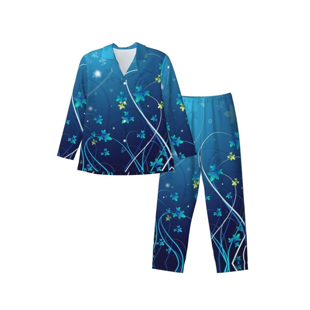 Gemütlicher und modischer Herren-Schlafanzug mit blauem Mini-Blumen-Swirl-Druck langärmelig für optimalen Komfort. Perfekte Nachtwäsche für erholsamen Schlaf