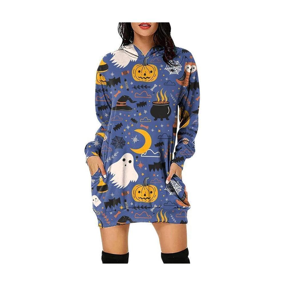 Elegantes Halloween-Kleid Damenmode mit Kapuze Langarm und V-Ausschnitt. Stilvoll bedruckt verleiht es jedem Anlass Charme und Originalität. Perfekt für einen auffälligen Look
