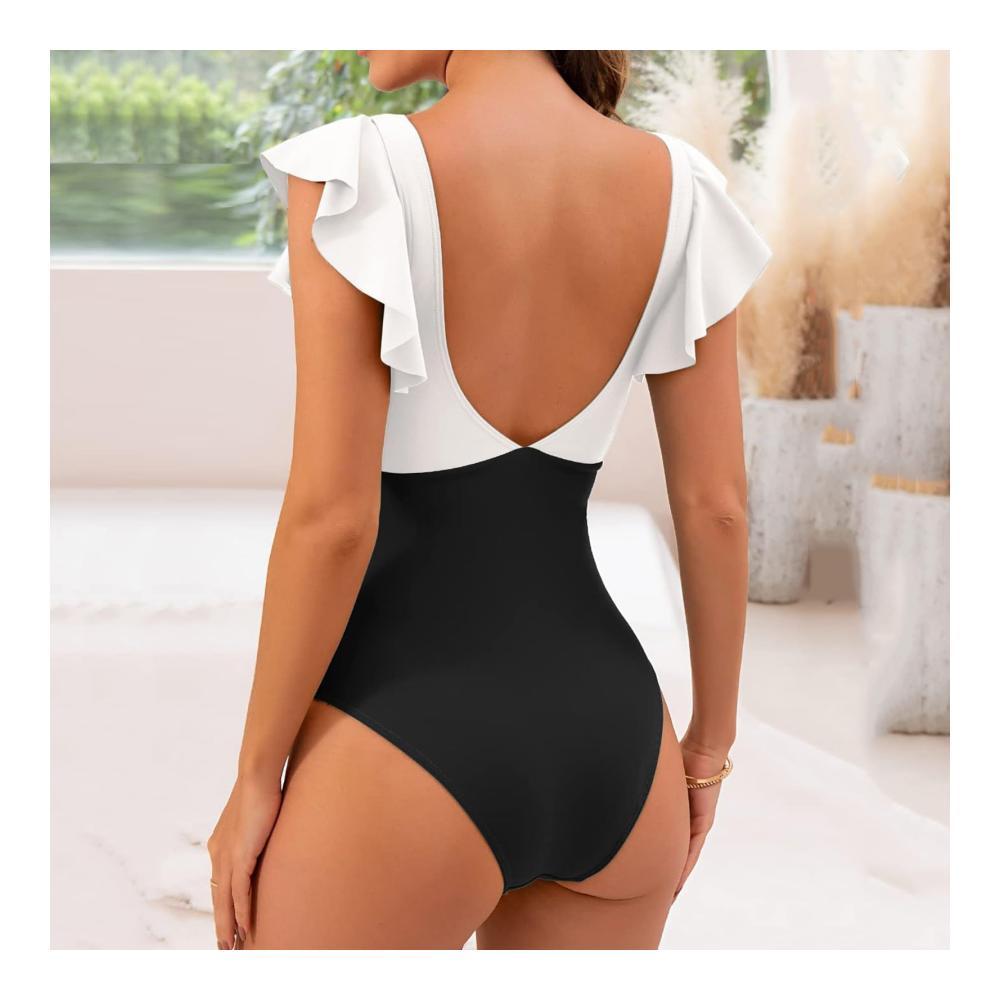 Badeanzug Damen Einteiler Bauchweg Große Größen mit Cups Monokinis Figurformend Raffung Bügel Swimsuit Sommer Bademode Push Up Gestapelten V-Neck Plissiert Gepolsterter