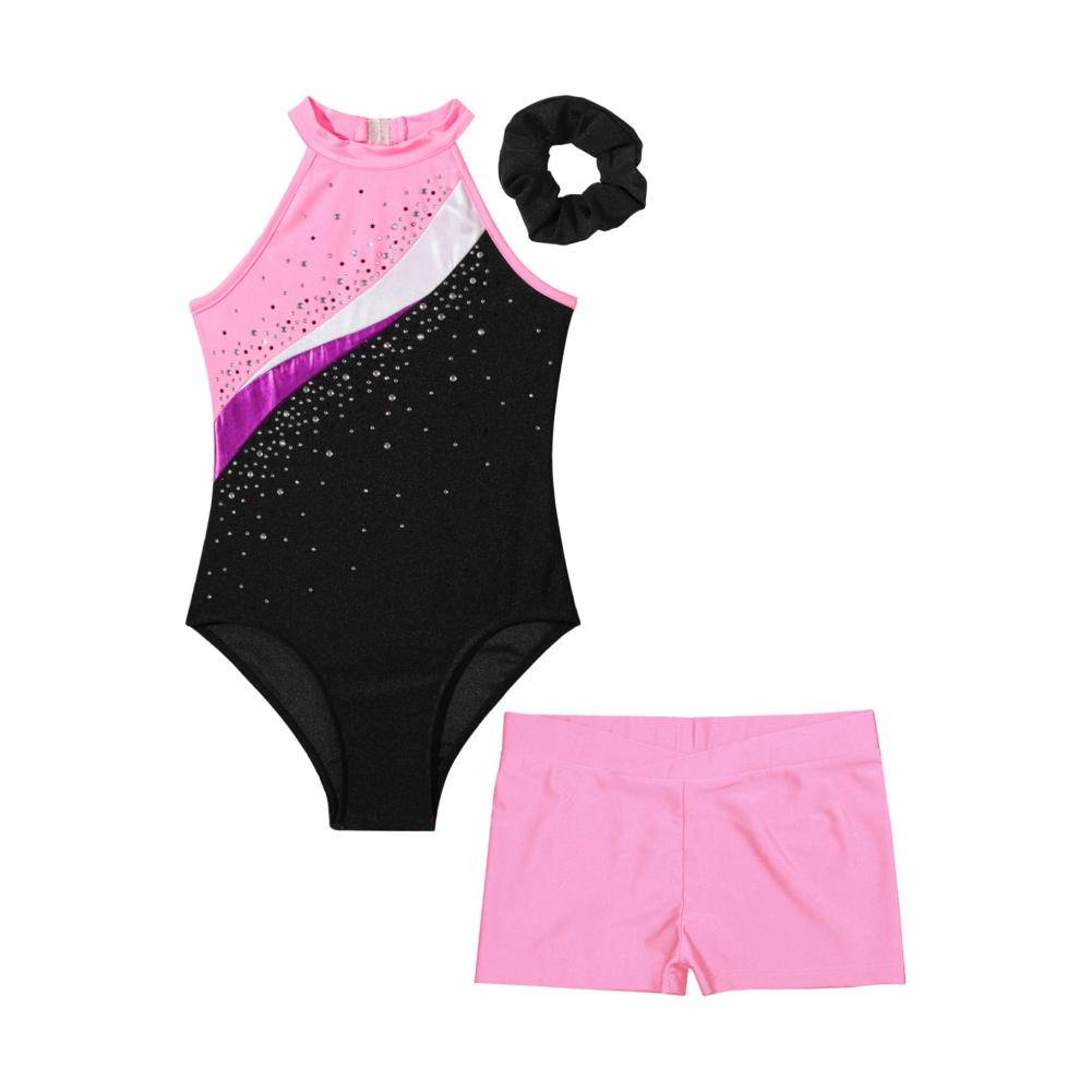 Stilvoller Glitzer-Leotard für Mädchen Tanzbody-Set mit kurzer Hose und Haarband für Wettbewerbe