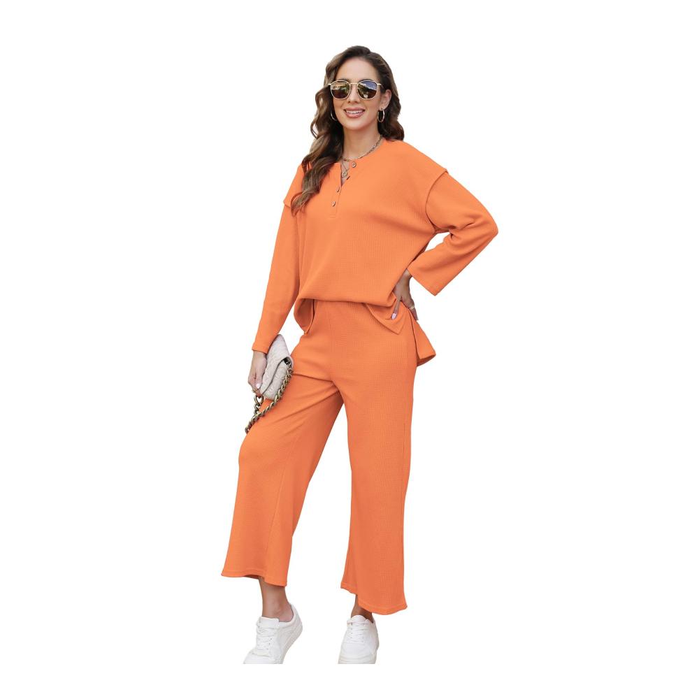 Damen 2-teiliger eleganter Trainingsanzug mit Langarm-Bluse Rundhalsausschnitt weiter Beinhose bequemem Lounge-Set und Freizeit-Jogger