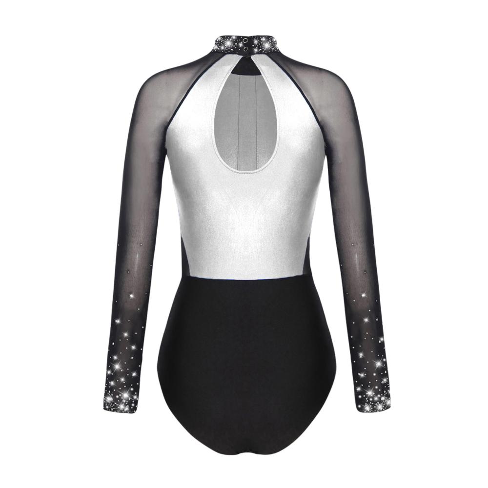 Glitzernder Damen Ballettanzug Langärmeliger Turnanzug für Gymnastik Wettkämpfe und Tanzperformances mit Strasssteinchen und Trikot-Design