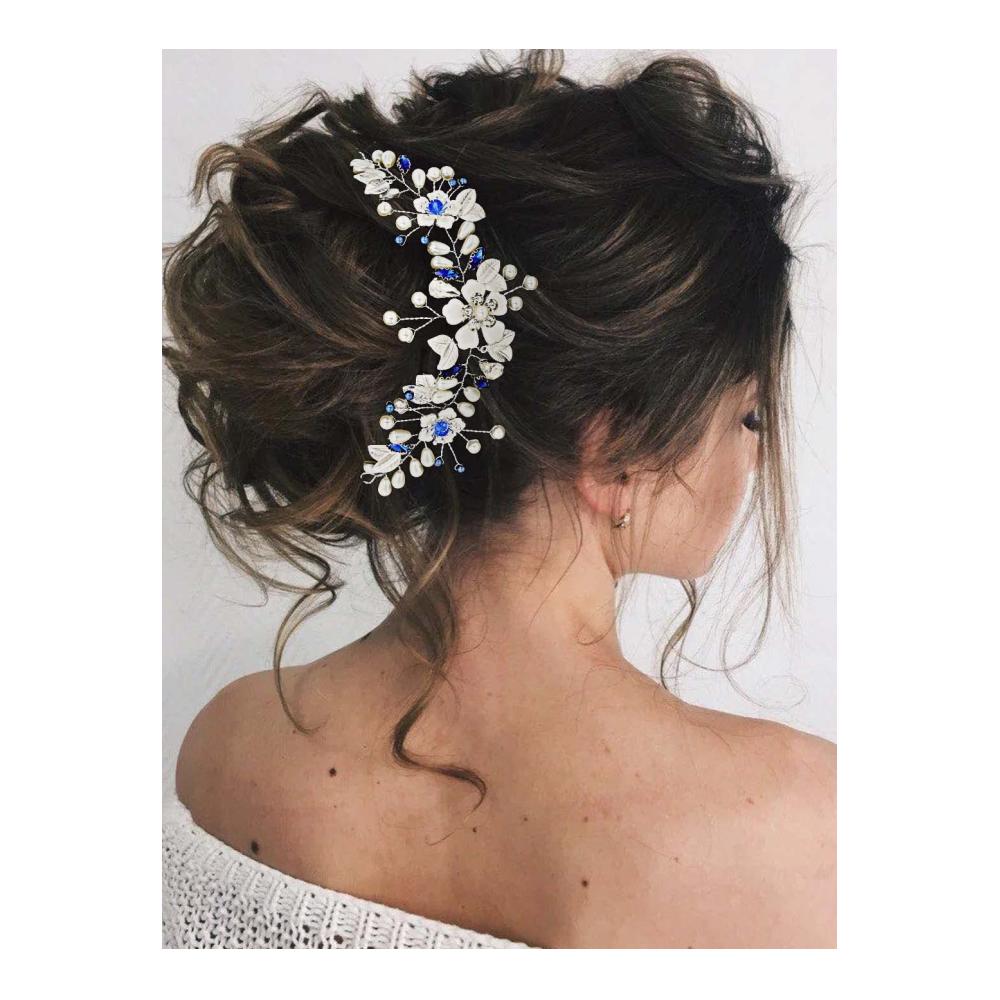 Erhabene Perlen Elegantes Haarband mit blauer Blume für Braut & Brautjungfern - Kristallverziertes Haaraccessoire für Hochzeiten & Proms
