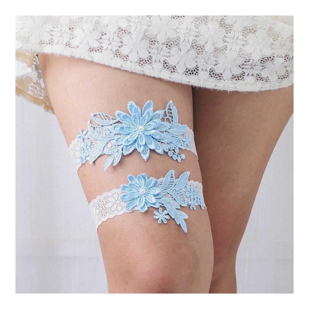 Handgefertigtes Spitzen-Strumpfband-Set für Braut und Brautjungfern | Romantische Blumenmuster | Eleganter Brautschmuck | Perfekte Ergänzung zum Hochzeitsoutfit | In himmelblau (2-teilig