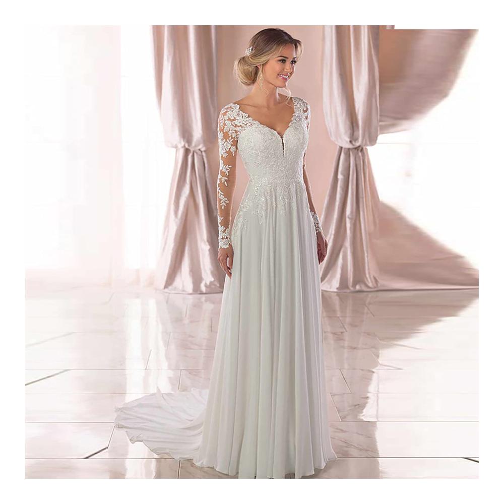 Entzückende Frauen V-Ausschnitt Brautkleider Elegante Spitze luftiges Chiffon & lange Ärmel für den perfekten Boho-Look. Jetzt die Traumrobe entdecken