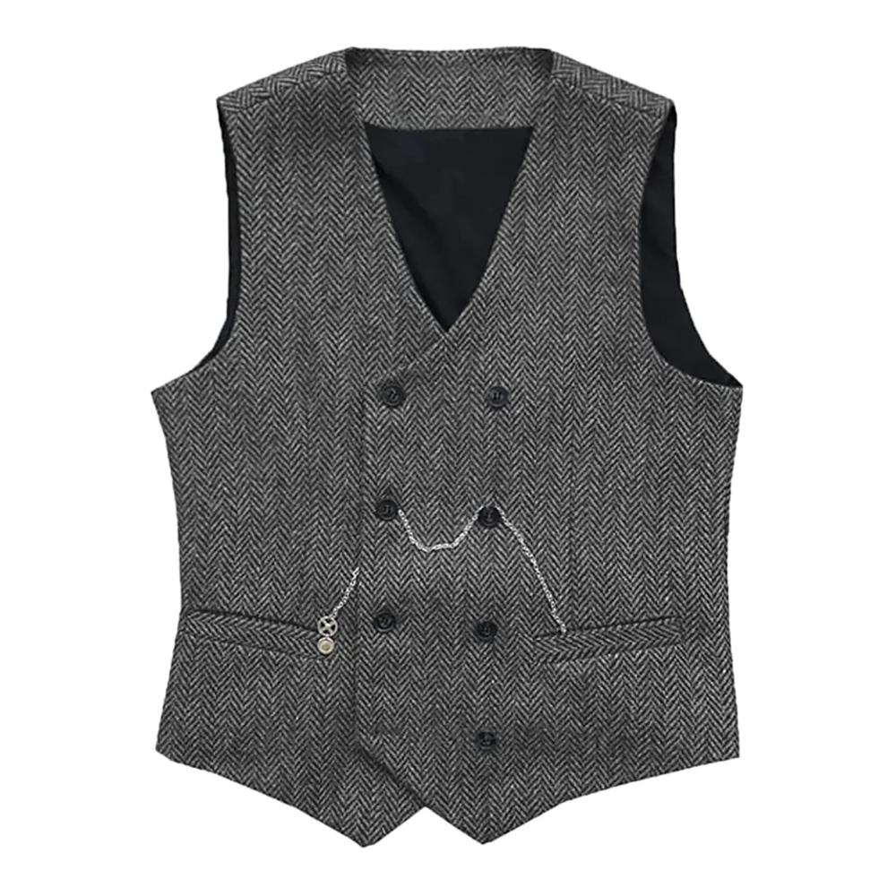 Stilvolle Herren V-Ausschnitt Anzugweste aus Fischgrätenwolle - Tweed Zweireihige Weste für Smoking Trauzeugen & Hochzeiten - Zeitlos elegante Westen für Herrenbekleidung