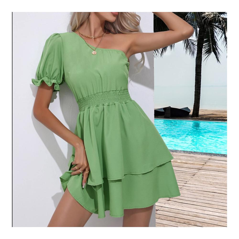 Attraktives Freizeitkleid für Damen Lässig schräge Schulter modisch mit Puffärmeln und mehrlagigem kurzen Rock. Perfekt für sportliche Aktivitäten knielang und betont die Taille