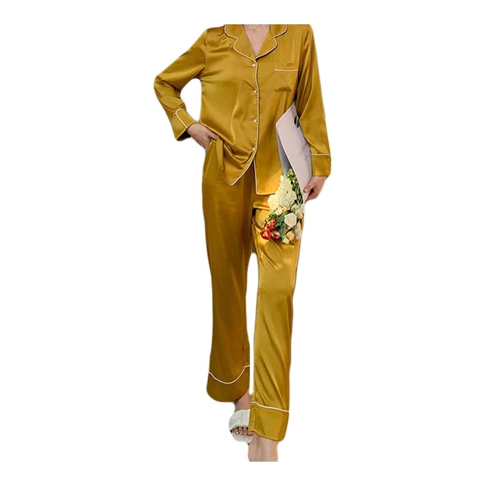 Bequem und elegant Herbst Seide Revers Pyjama-Set für Damen - Zwei-teilig Langarm Strickjacke & Knopfhose Nachtwäsche