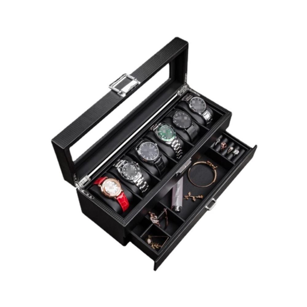 Edle Aufbewahrungsbox aus Leder für Schmuck- & Uhrensammlung mit transparenter Glasabdeckung (Schwarz 34 x 12 x 13 cm