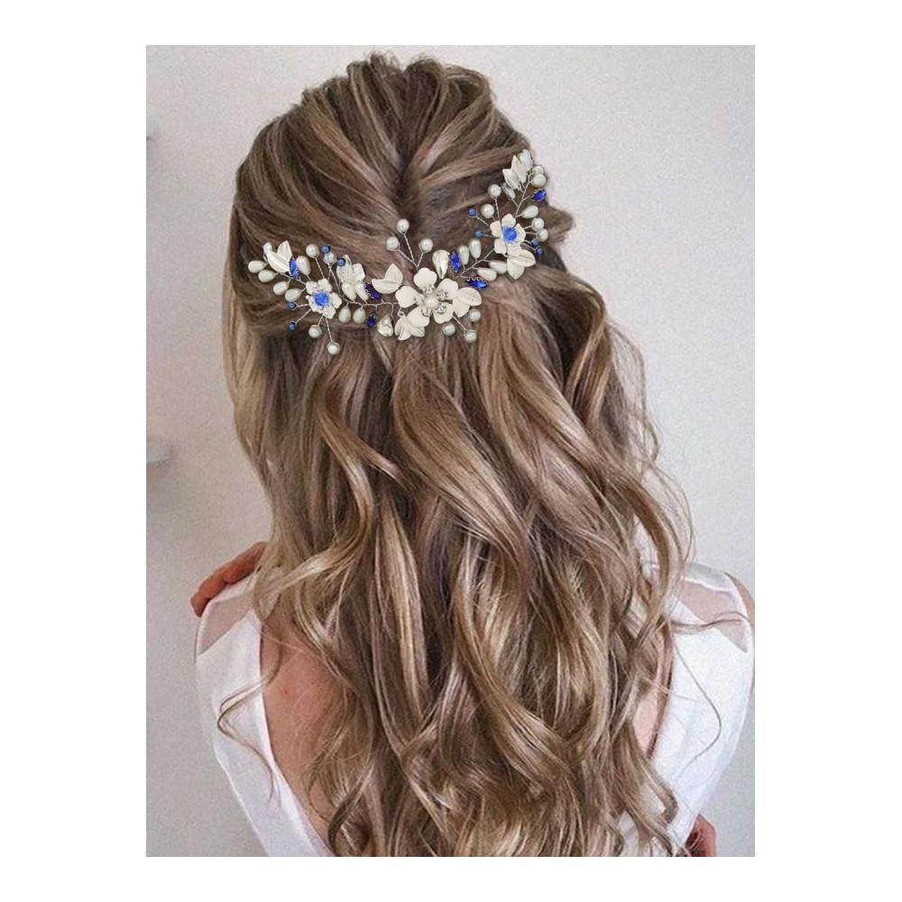 Erhabene Perlen Elegantes Haarband mit blauer Blume für Braut & Brautjungfern - Kristallverziertes Haaraccessoire für Hochzeiten & Proms
