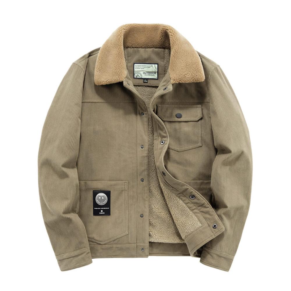 Gefütterte Herren-Jeansjacke - Vintage Winter Cord-Bomber-Trucker-Western-Sherpa-Mantel durchgehender Reißverschluss warme Fleecejacke mit Pelzkragen