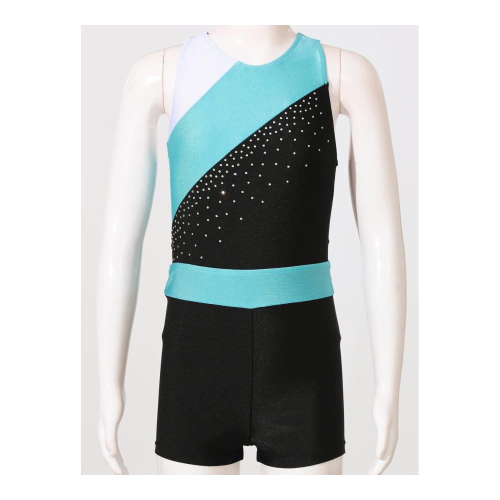 Exquisite Glitzer Leotards für junge Tänzerinnen Ballett Trikot mit Strassverzierung ärmellos mit kurzer Hose für Wettkämpfe und Ballett. Jetzt sichern