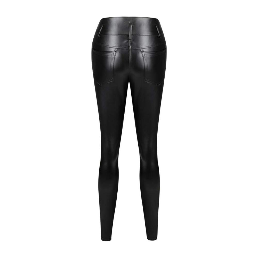 Damen Kunstleder Leggings High Waist Lederhose mit Push-Up Effekt Skinny Stretch Tights in Schwarz - Bequeme Röhrenhosen mit Taschen und Knopfleiste für perfekte Passform