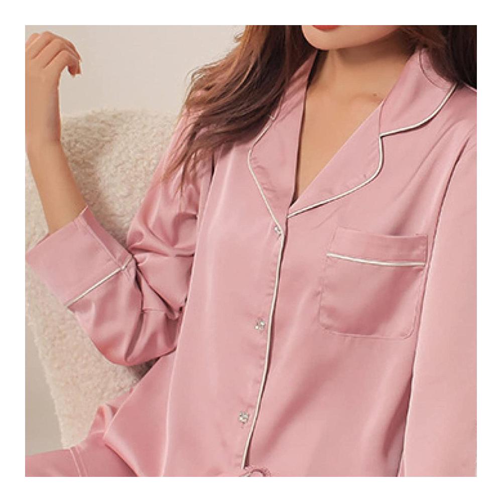 Bequem und elegant Herbst Seide Revers Pyjama-Set für Damen - Zwei-teilig Langarm Strickjacke & Knopfhose Nachtwäsche
