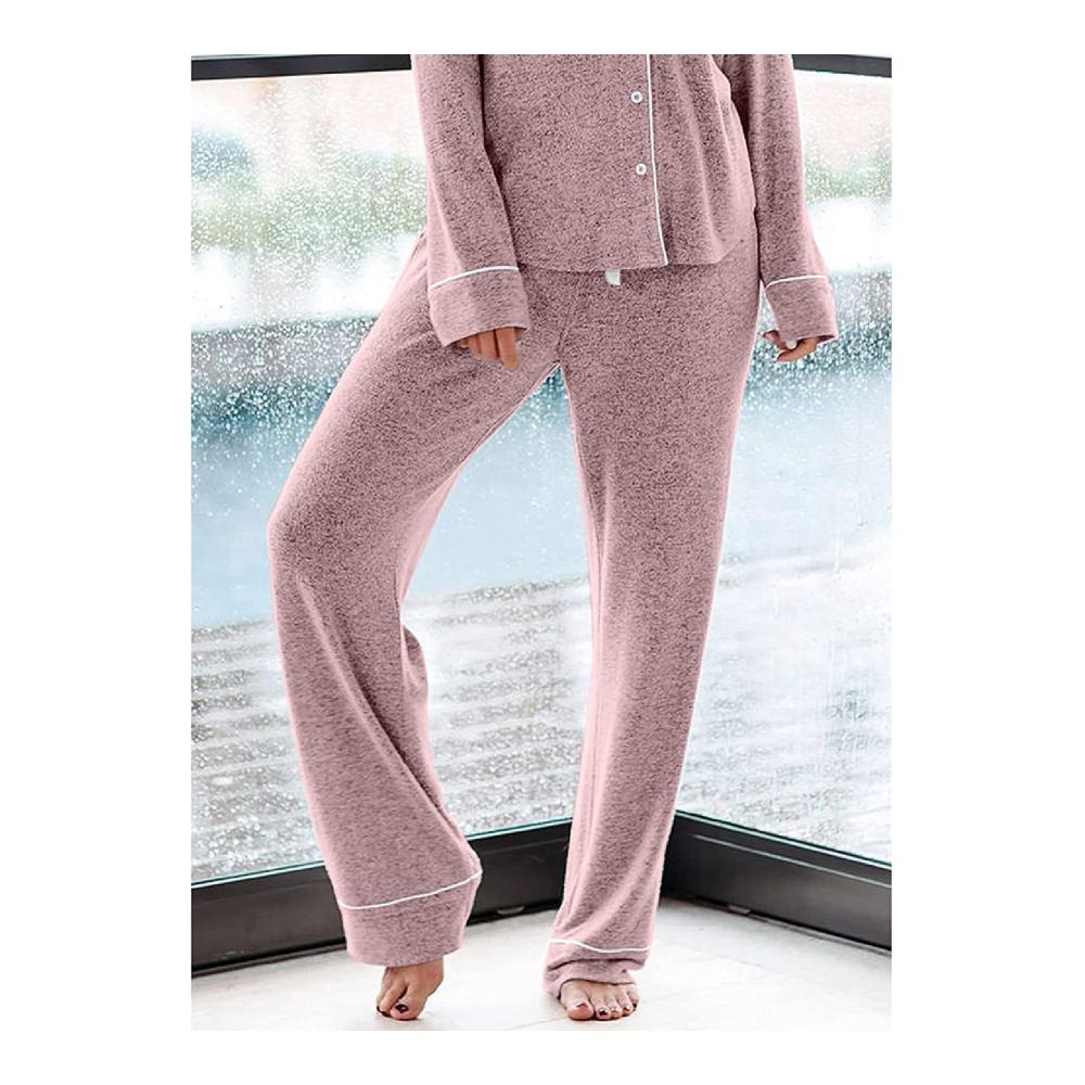 Entspannen Sie stilvoll Damen Schlafanzug Pyjama Damen Winter V-Ausschnitt - Super Soft und Bequem für gemütliche Nächte. Perfekt für Zuhause in Rosa Größe XL