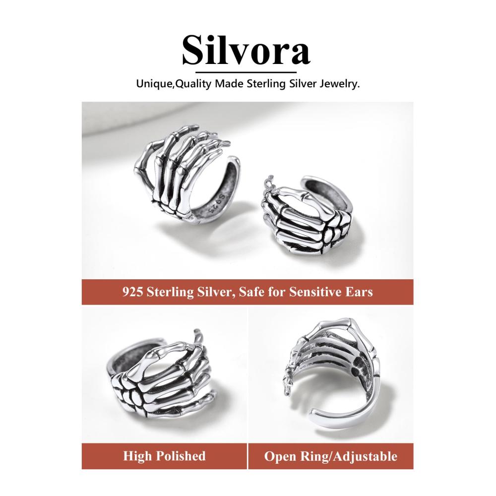 Einzigartige 925 Silber Ohrringe für Männer und Frauen - Retro Totenkopf Schädel Knochen Hand Octopus Spinnen Drache Skorpion - Non-Piercing Ohrclips und Ohrmanschette